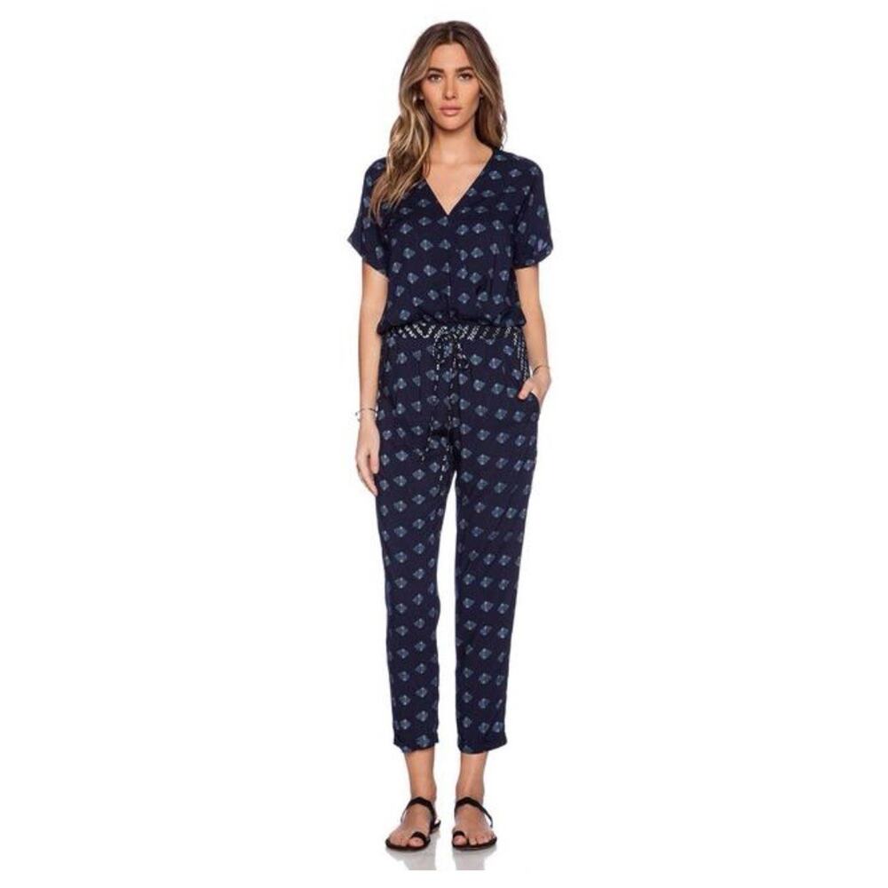 Velvet By Graham & Spencer Womens Cady Jumpsuit Blue Geometric Short Sleeve M